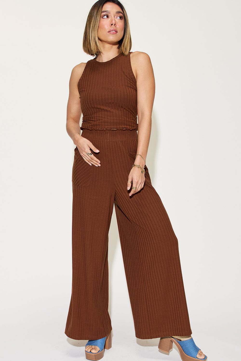 Empire x Basic Bae Full Size Ribbed Tank and Wide Leg Pants Set