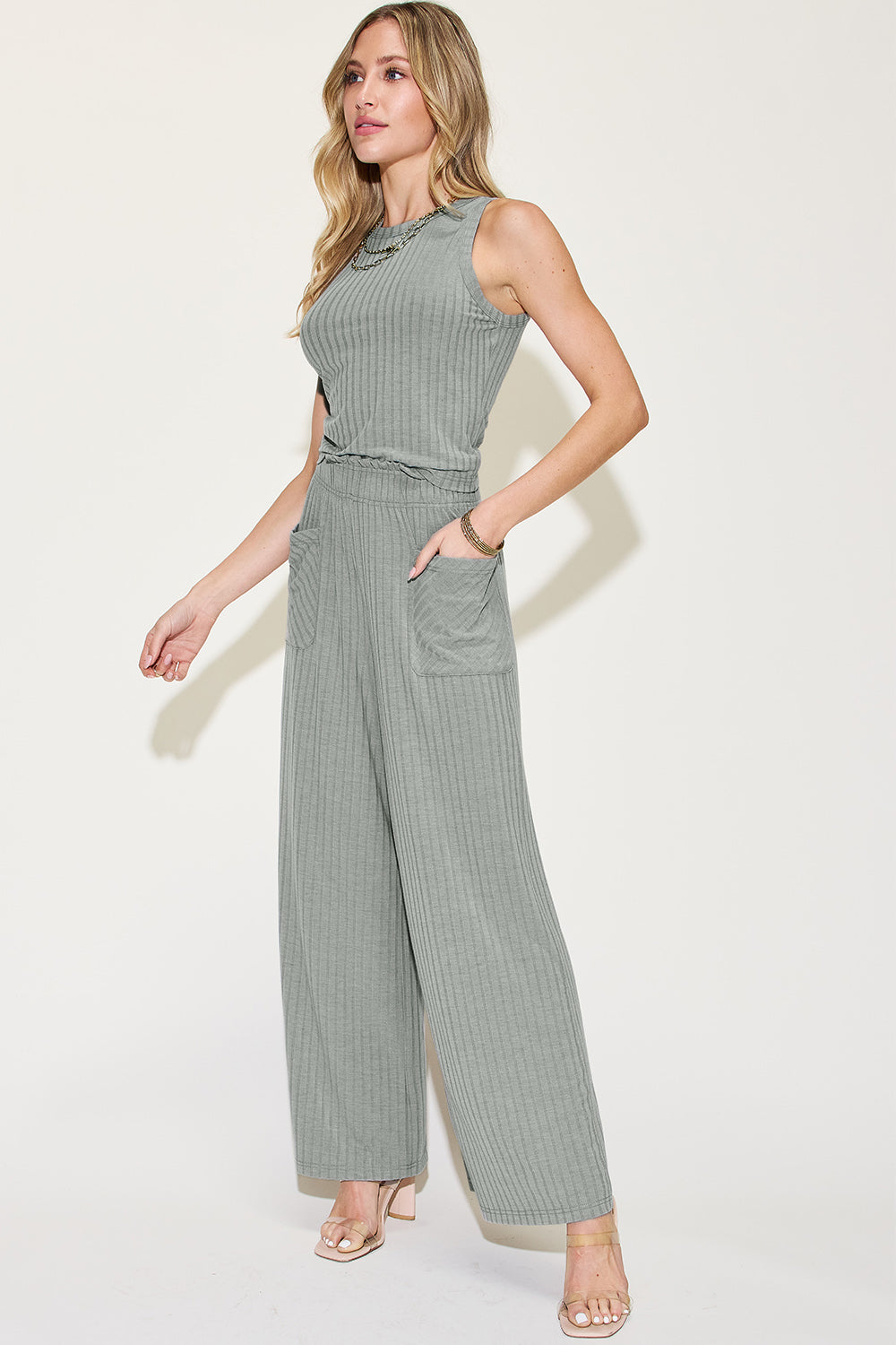 Empire x Basic Bae Full Size Ribbed Tank and Wide Leg Pants Set